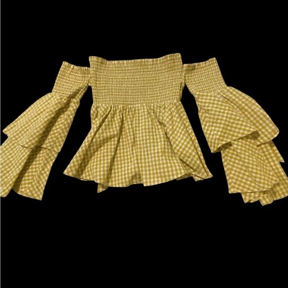 Caroline Constas off the shoulder smocked body ruffle sleeves top boho NWOT L - Picture 5 of 10